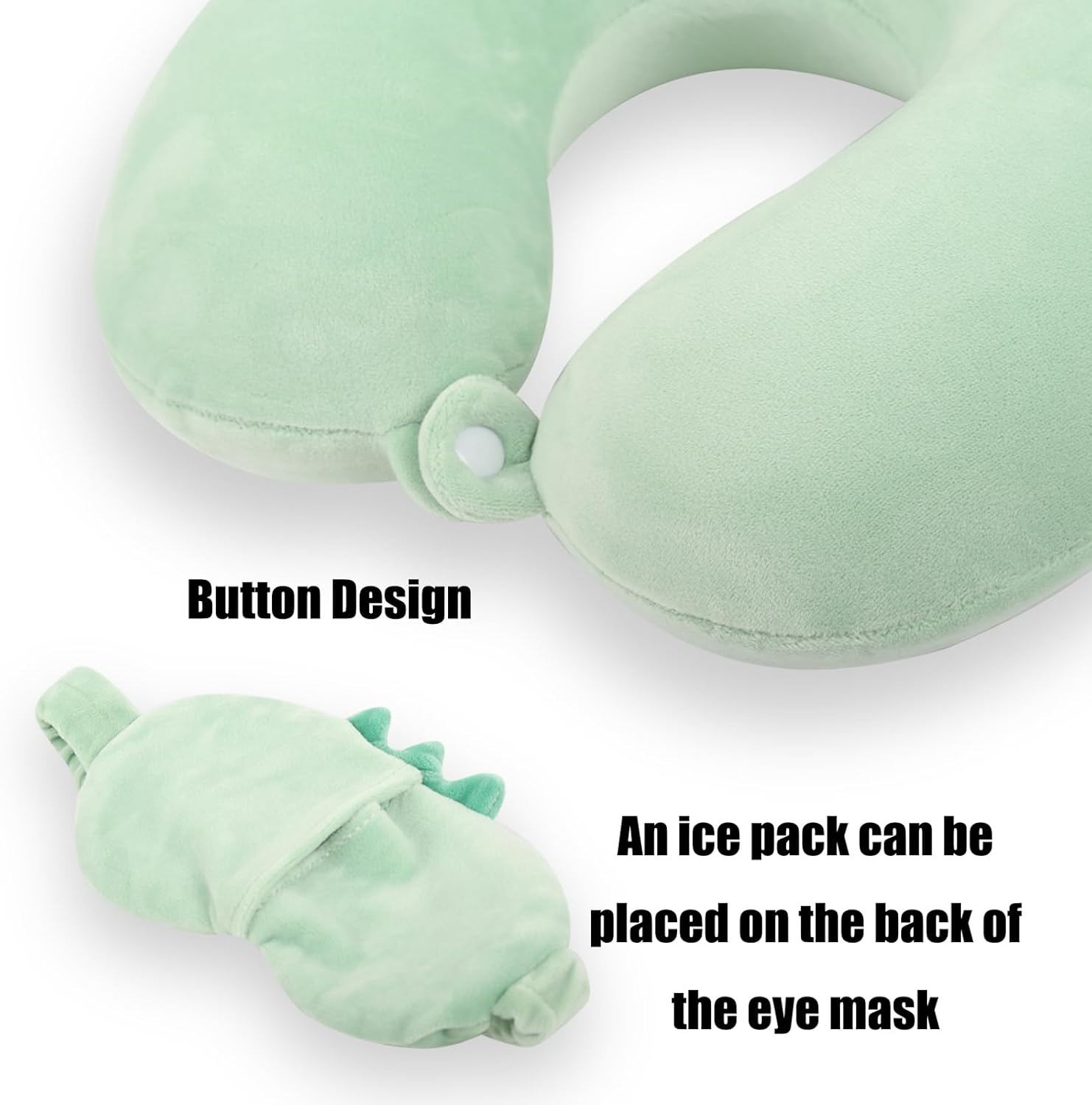 Kids Neck Pillow for Travel with Sleep Eye Mask, Cute Travel Neck Pillow, Memory Foam Flight Sleeping Headrest Pillow for Boys & Girls, Airplane, Train, Car, Home Use - Green Dinosaur - Image 2