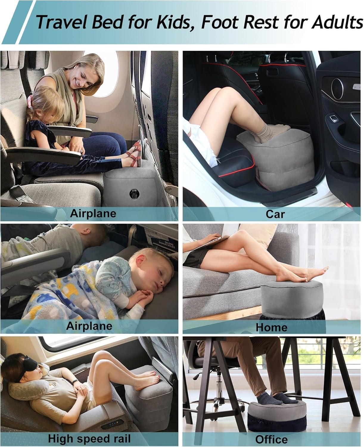 JefDiee Inflatable Foot Rest Pillow, Kids Airplane Bed, Adjustable 3 Layers Height Leg Rest Pillow, Airplane Travel Essentials Great for Office, Home, Trains, Cars - Image 7