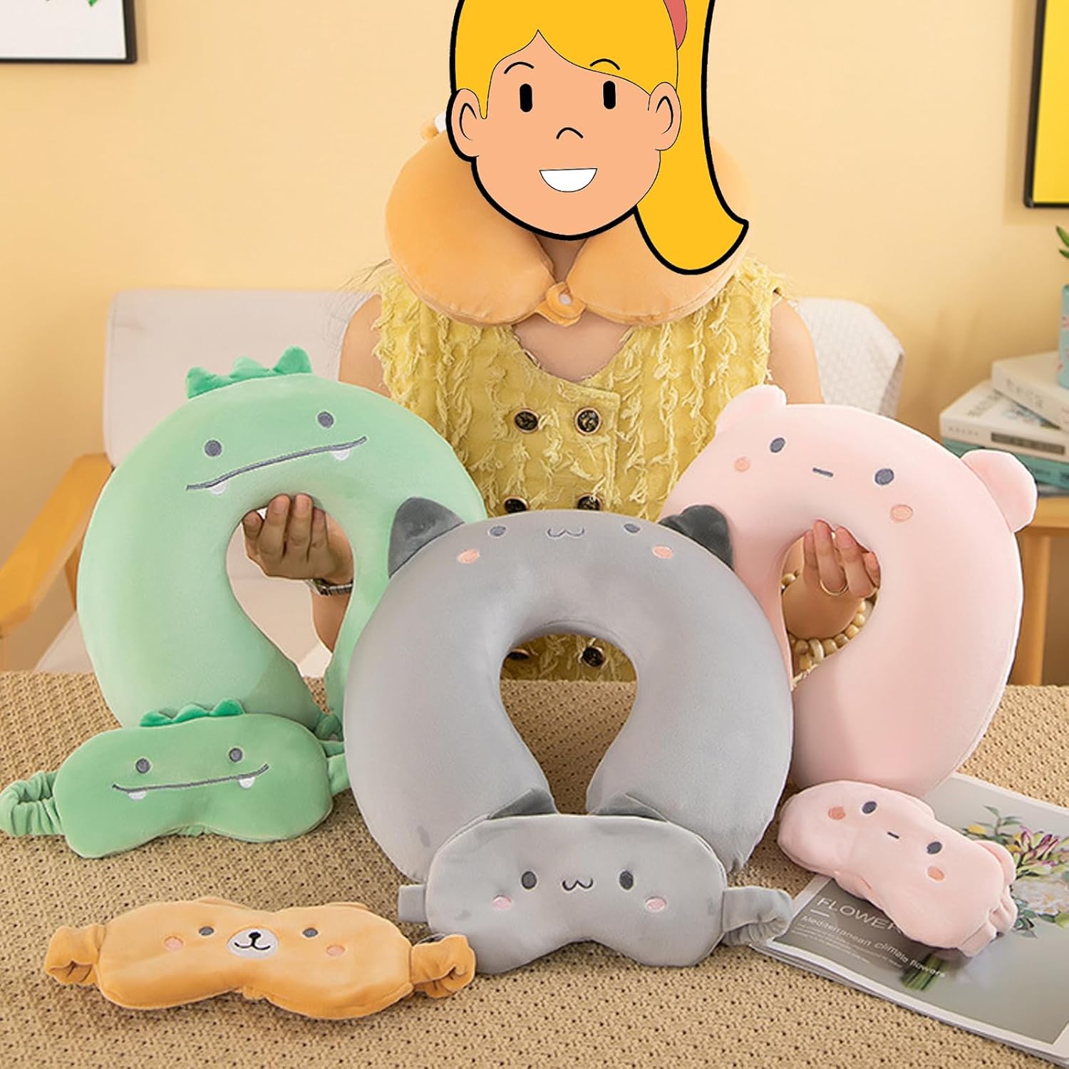 Kids Neck Pillow for Travel with Sleep Eye Mask, Cute Travel Neck Pillow, Memory Foam Flight Sleeping Headrest Pillow for Boys & Girls, Airplane, Train, Car, Home Use - Green Dinosaur - Image 3